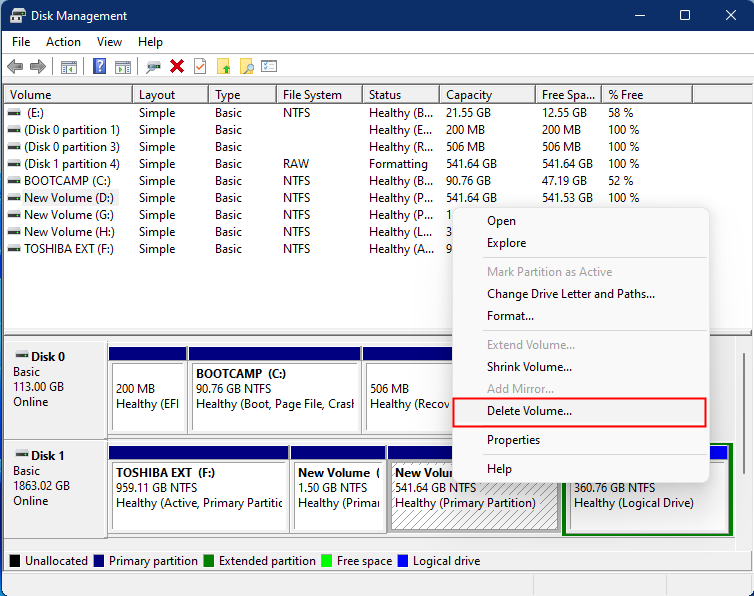 Windows xp 7에서 기존 드라이브의 파티션을 허용하는 방법