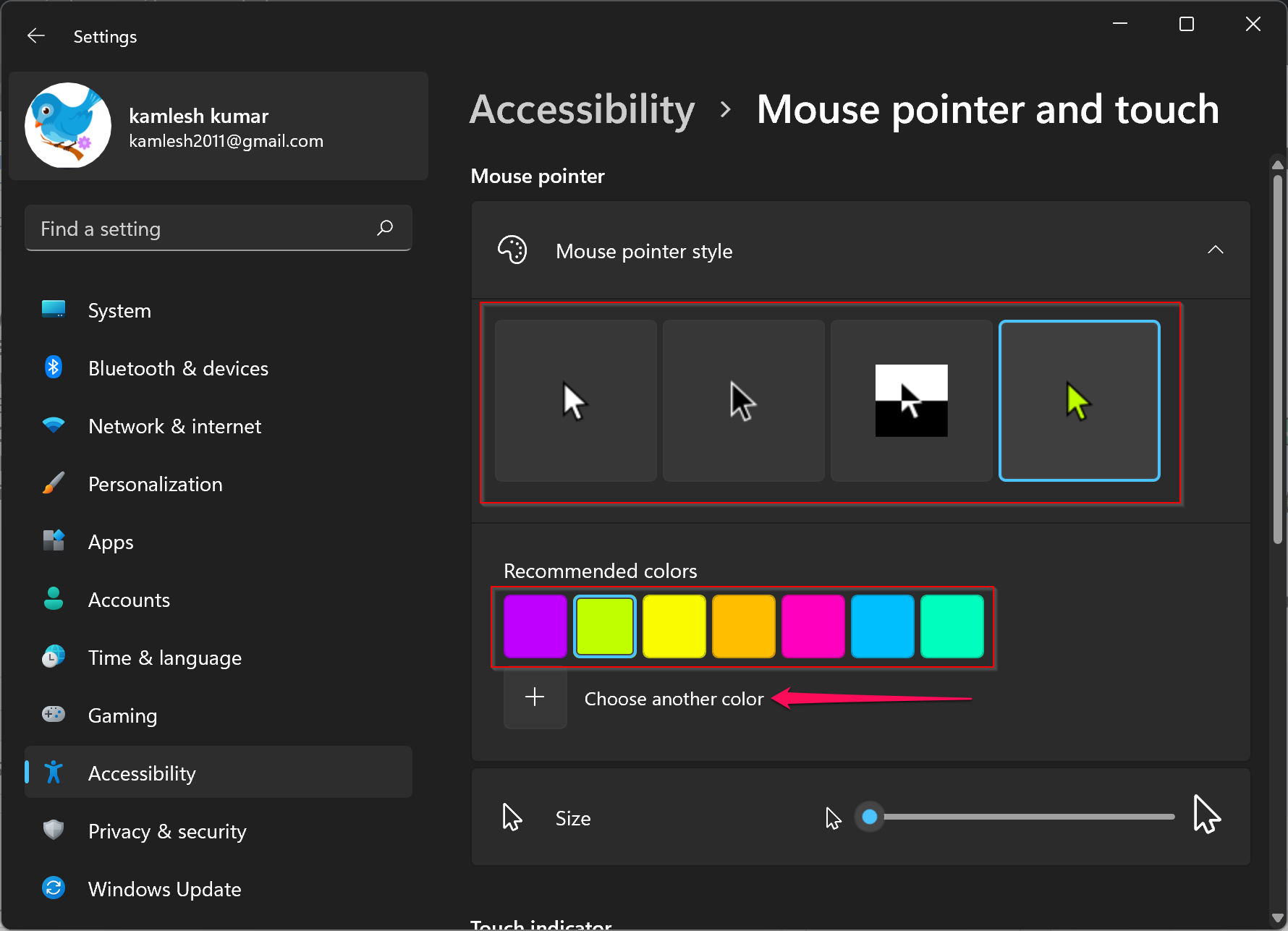 remote change mouse pointer windows 10